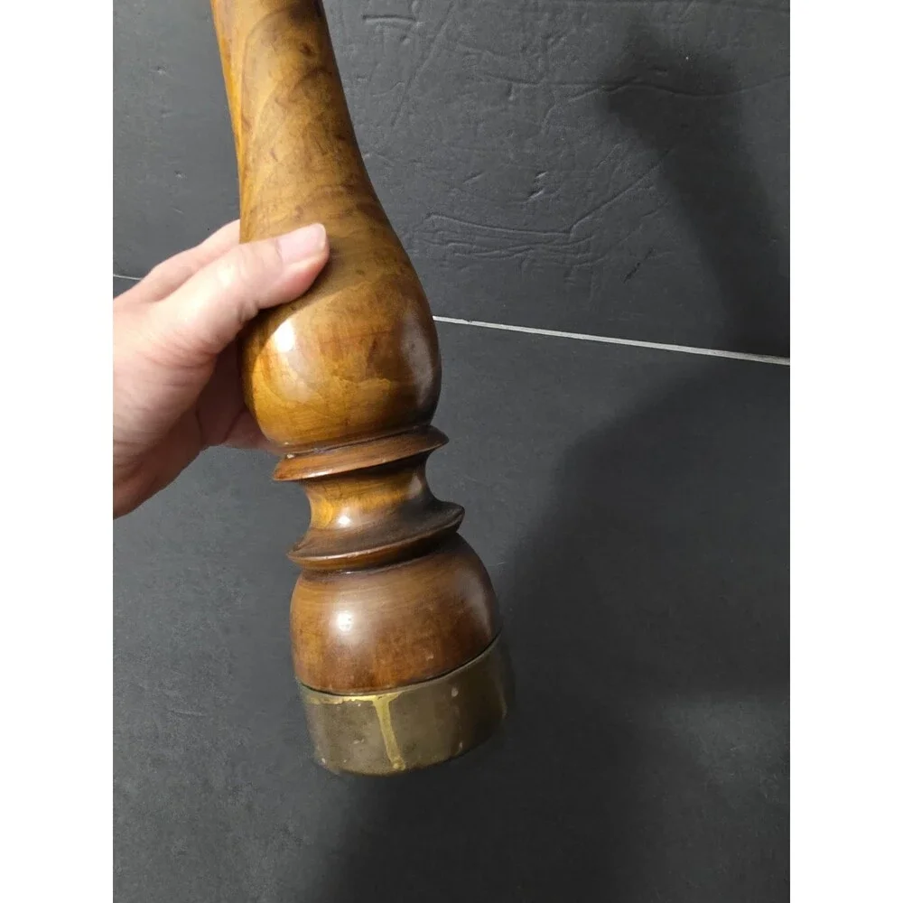 Mid Century Italian Turned Wood Pepper Mill Grinder Brass Trim 14 Inch Tall